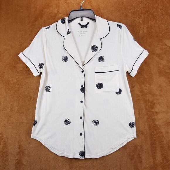 KATE SPADE Sleepwear Womens XS Ivory Button Up Collared Shirt Sleep Top Flower - Picture 1 of 8